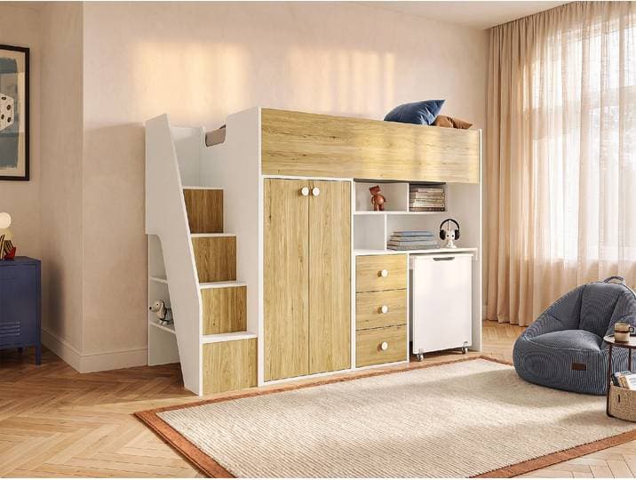 Hochbett mit Kleiderschrank & Schreibtisch - 90 x 190 cm - Weiß & Holzfarben - LANILATO
