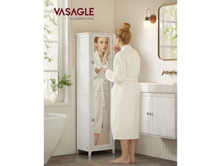 VASAGLE Armoire de Salle de Bain Haut, avec Miroir Pleine Longueur, Meuble de Salle de Bain, avec Étagères Réglables, 30 x 40 x 160 cm, pour Petit Espace, Salon, Couloir, Blanc Nuage