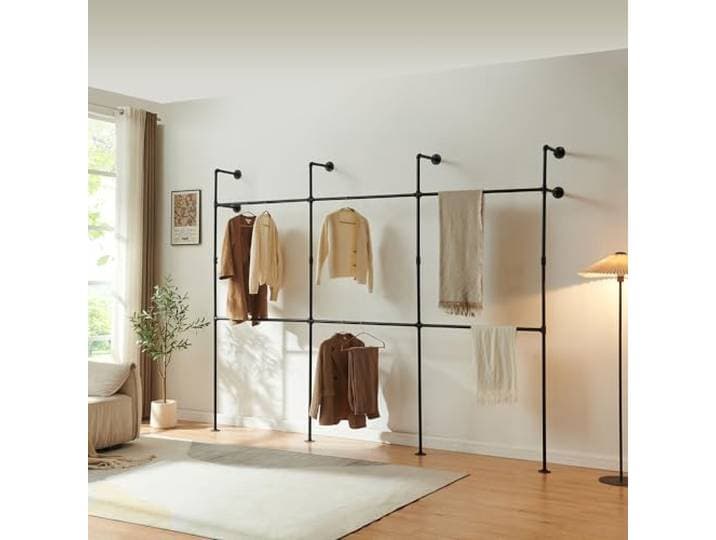 [en.casa] Portant à Vêtements Mural à 2 Niveaux 6 Barres de Penderie pour Manteaux Vestes pour Entrée Dressing Couloir Chambre Boutiques Hôtels Vestiaires Acier Fonte 222 x 296 x 31 cm Noir