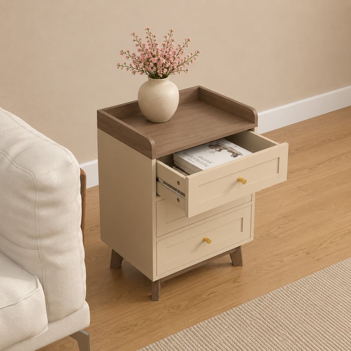 Pair of Cream & Wood 3 Drawer Bedside Tables - Oswin Range Manufactured Wood, Metal