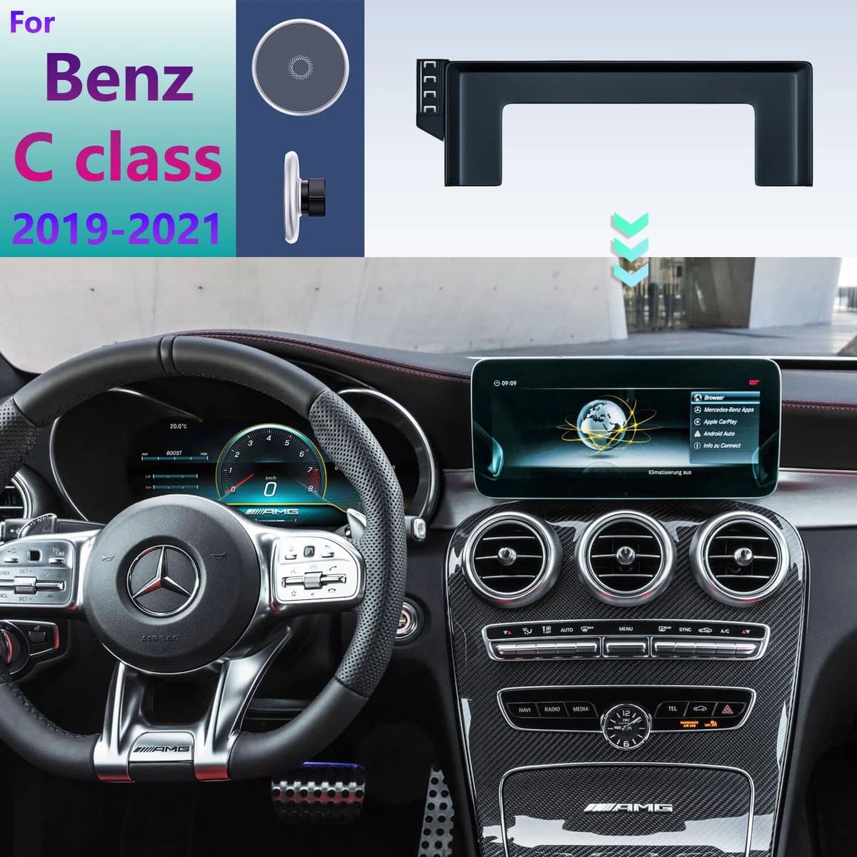 NONE For Mercedes-Benz C Class W205 2019 2020 2021 Car Phone Holder Screen Fixed Base Car Magnetic Wireless Charging Stand MagSafe