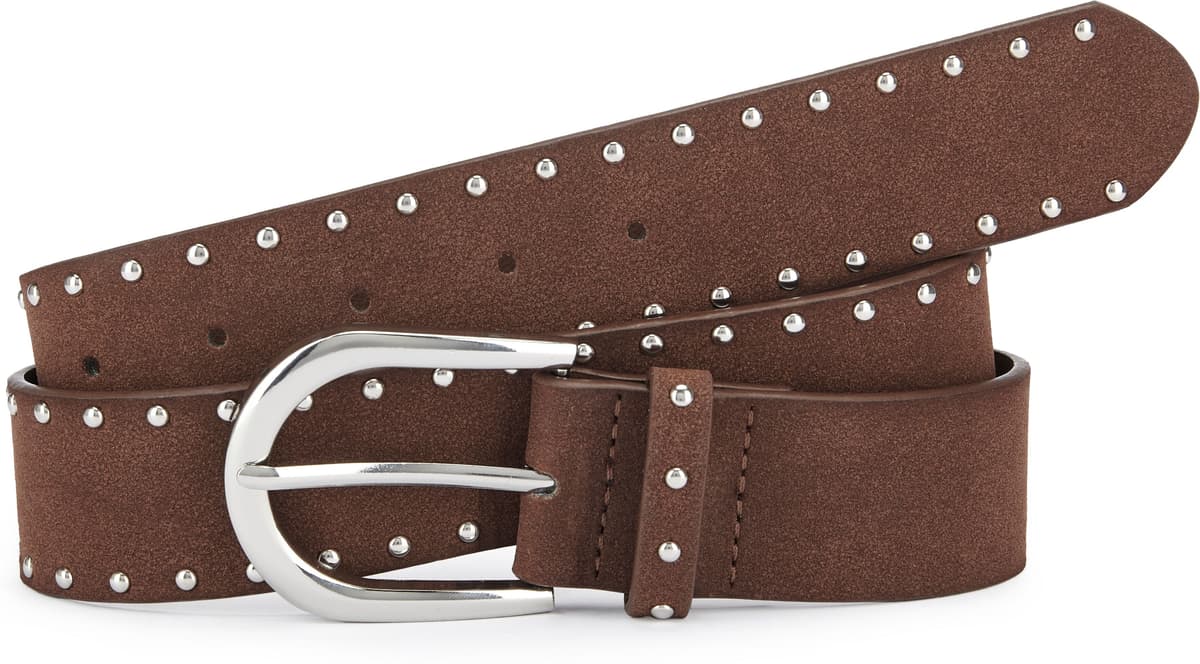 Hüftgürtel LASCANA "Nietengürtel, Anzuggürtel, Gürtel, Jeansgürtel, Hosengürtel", Damen, Gr. 80, braun (dunkelbraun), Lederimitat, kontrastfarbene Details, unifarben, Gürtel Hüftgürtel, in Veloursleder-Optik mit kleinen Nieten für Jeans & Hosen dunkelbrau