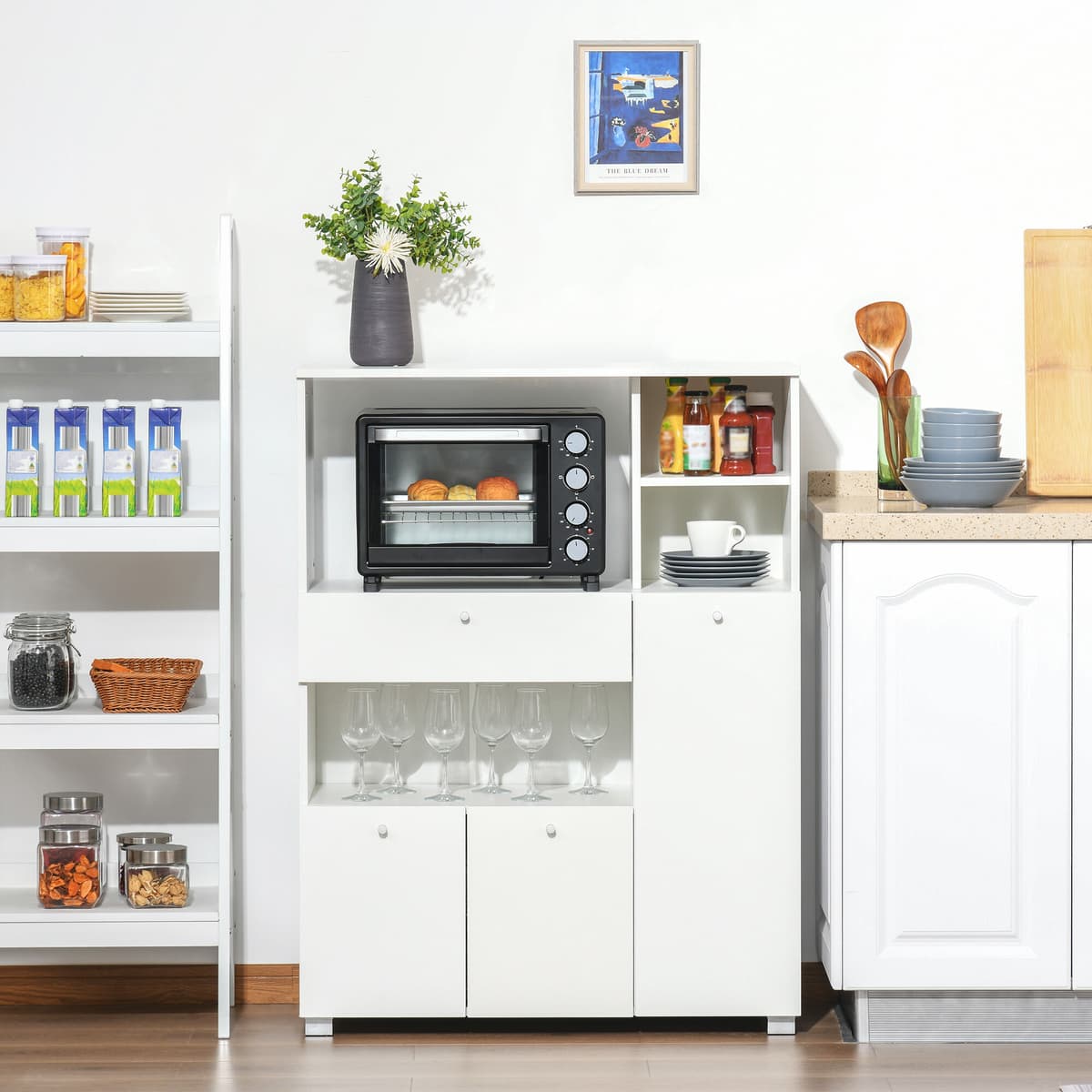 Altro Mobile Cucina Per Microonde Con Armadietti, Mensole E Cassetto, Credenza Moderna In Legno 90x40x120cm Bianco