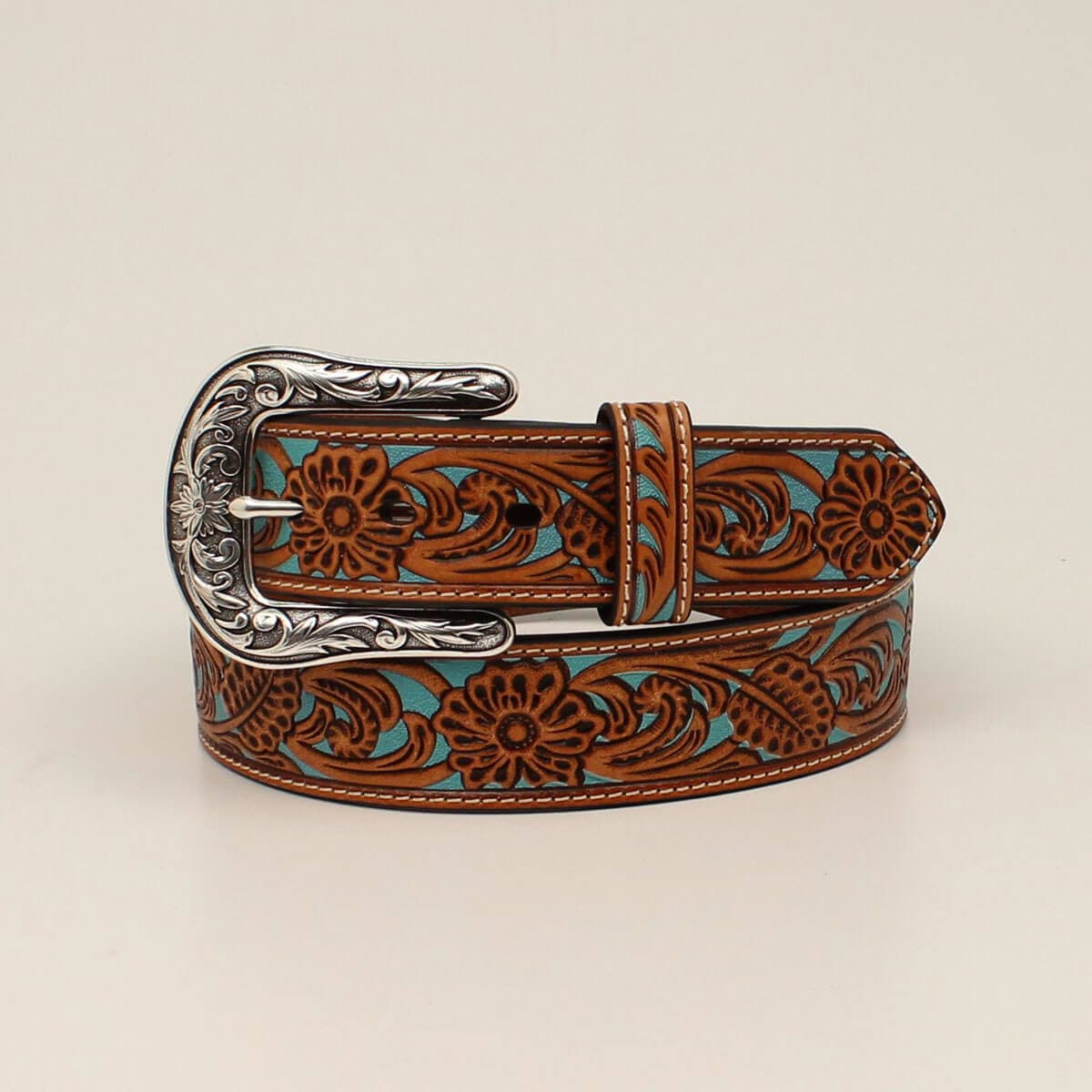 Women's Turq floral embossed belt in Tan Leather, Size: Small by Ariat