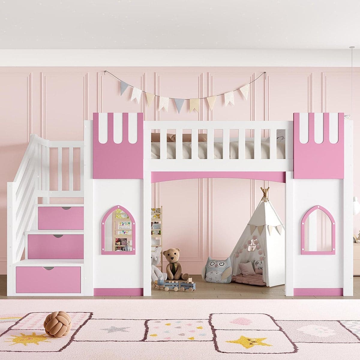 KOMHTOM Hoogslaper voor kinderen met opbergtrap en raam, wit en roze, 90 x 200 cm
