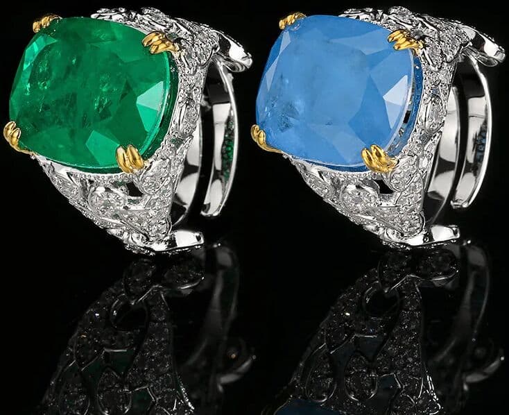 LJDZSW Adjustable Cocktail Ring Cushion Cut 14x16mm Emerald Green Blue Gemstone Statement Vintage Hollow Out CZ Inlaid Luxury Jewelry