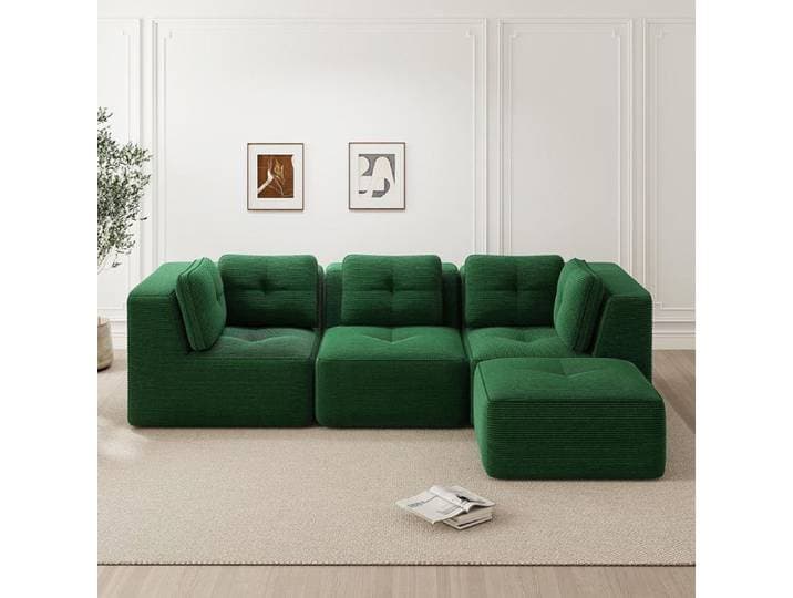 Canapé d'angle - L méridienne modulaire - Velours côtelé vert - Assise profonde 74 cm 32D - Aucun montage