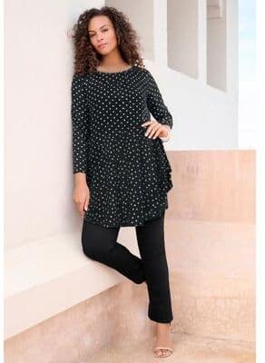 Plus Size Women's Plus Size Boatneck Swing Ultra Drape Tunic Top by Roaman's in Black Painted Dot (Size 14/16) Long Shirt