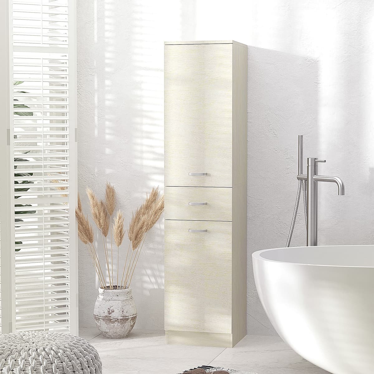 Altro Mobile Bagno In Legno Con Cassetto, 2 Armadietti E Ripiani Regolabili, 34x34x150 Cm, Color Legno