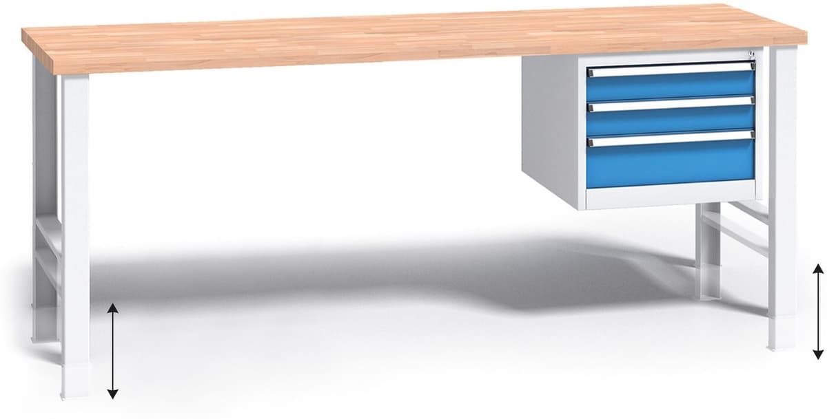 B2B Partner Stół warsztatowy z regulacją wysokości G3, 2000 x 685 x 840-1050 mm, 1x 3 szufladowy kontener, niebieski