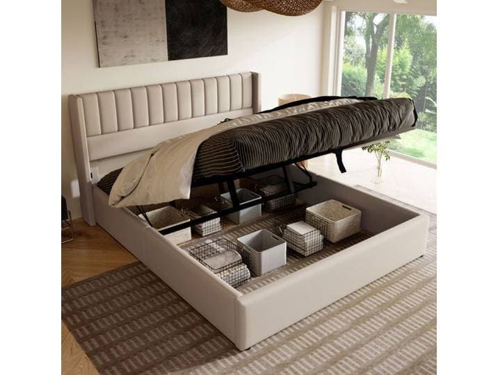 Lit coffre 160x200 SUNFECILI lit 160x200 avec sommier à lattes lit 2 personnes tissu en lin lit 2 persons Beige