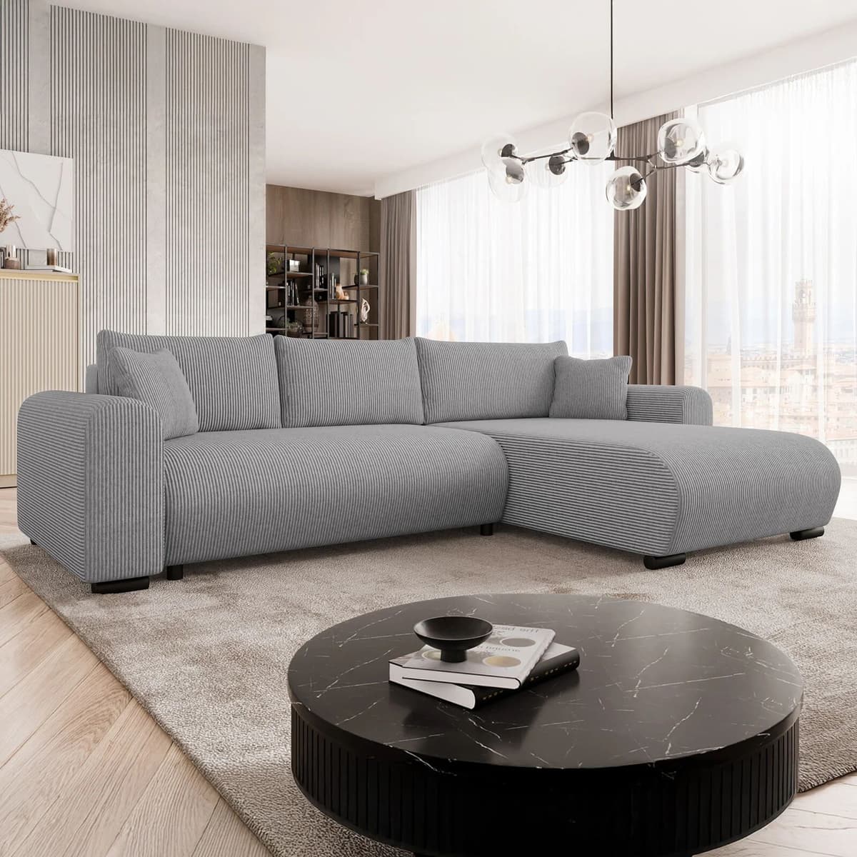 garneroarredamenti Divano letto angolare reversibile 4 posti 285x188cm con contenitore tessuto velluto a coste grigio Soft