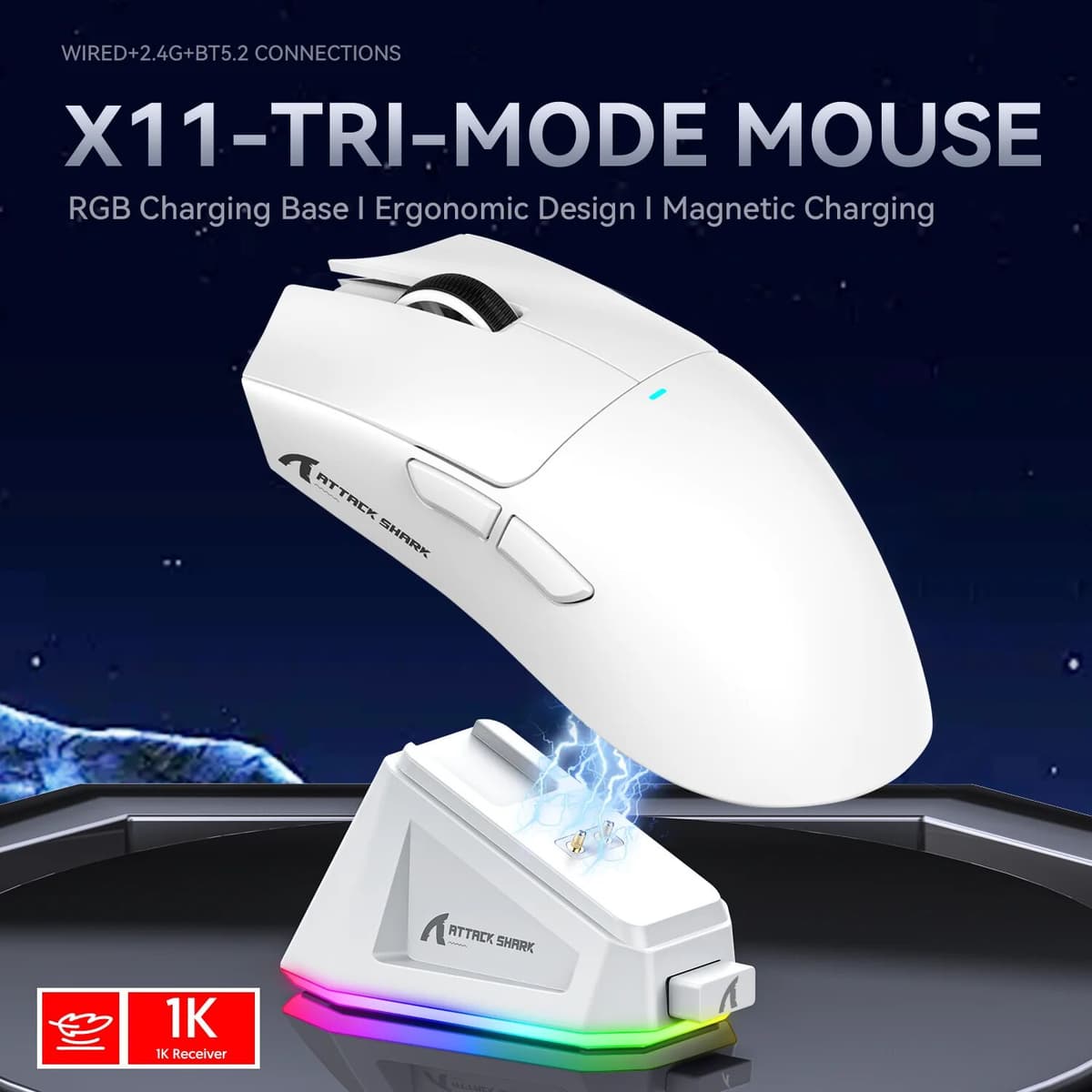ATTACK SHARK X11 Gaming Mouse with Magnetic Charging Dock, PixArt PAW3311, BT/2.4G Wireless/Wired, 22000 DPI, Win11/Xbox/Mac