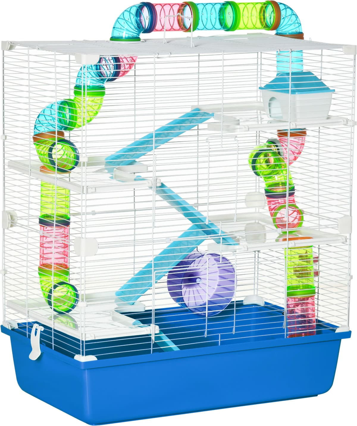 Pawhut Gabbia Criceti a 5 Livelli con Tubi, Casetta, Serbatoio e Ruota, in Acciaio, PP e PS, 59x36x69 cm, Blu e Bianca