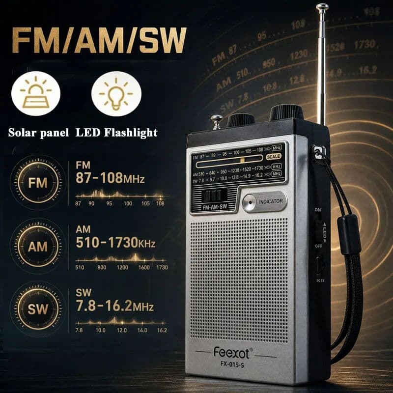 JINSERTA Mini Full Band Radio Portable Emergency Radios Solar Panel Charging Radio with Highlight Flashlight 3.5mm Headset Jack Rechargea