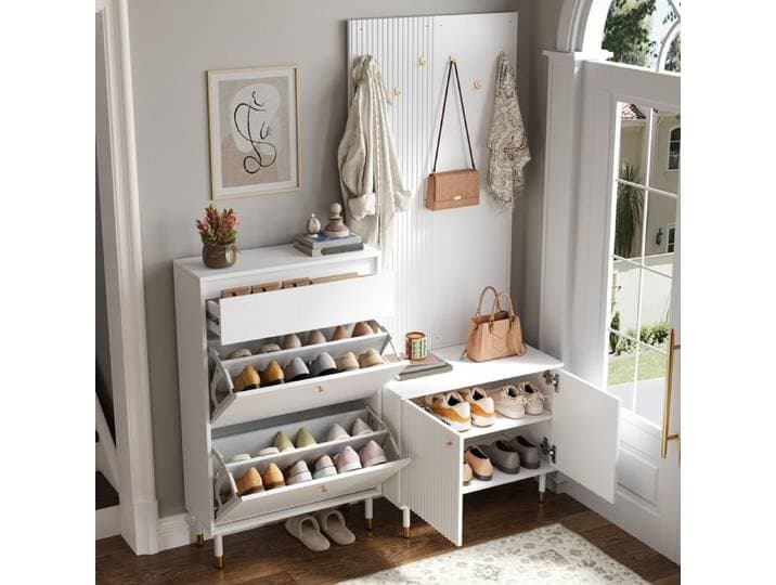 Ensemble entrée avec Rangement Chaussures et 1 Tiroir Meuble Entrée avec Porte-Manteau Étagères Réglables Crochets Blanc