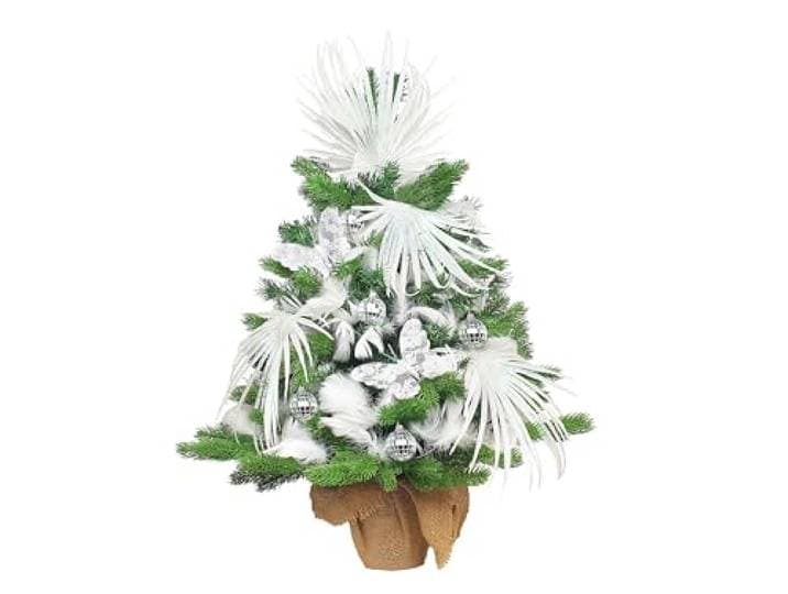 LAALU Künstlicher Weihnachtsbaum 60 cm mit LED-Beleuchtung – SCHMETTERLINGSGLANZ – mit 25 Weihnachtsbaumschmuck – Pflanztopf mit Jutesack