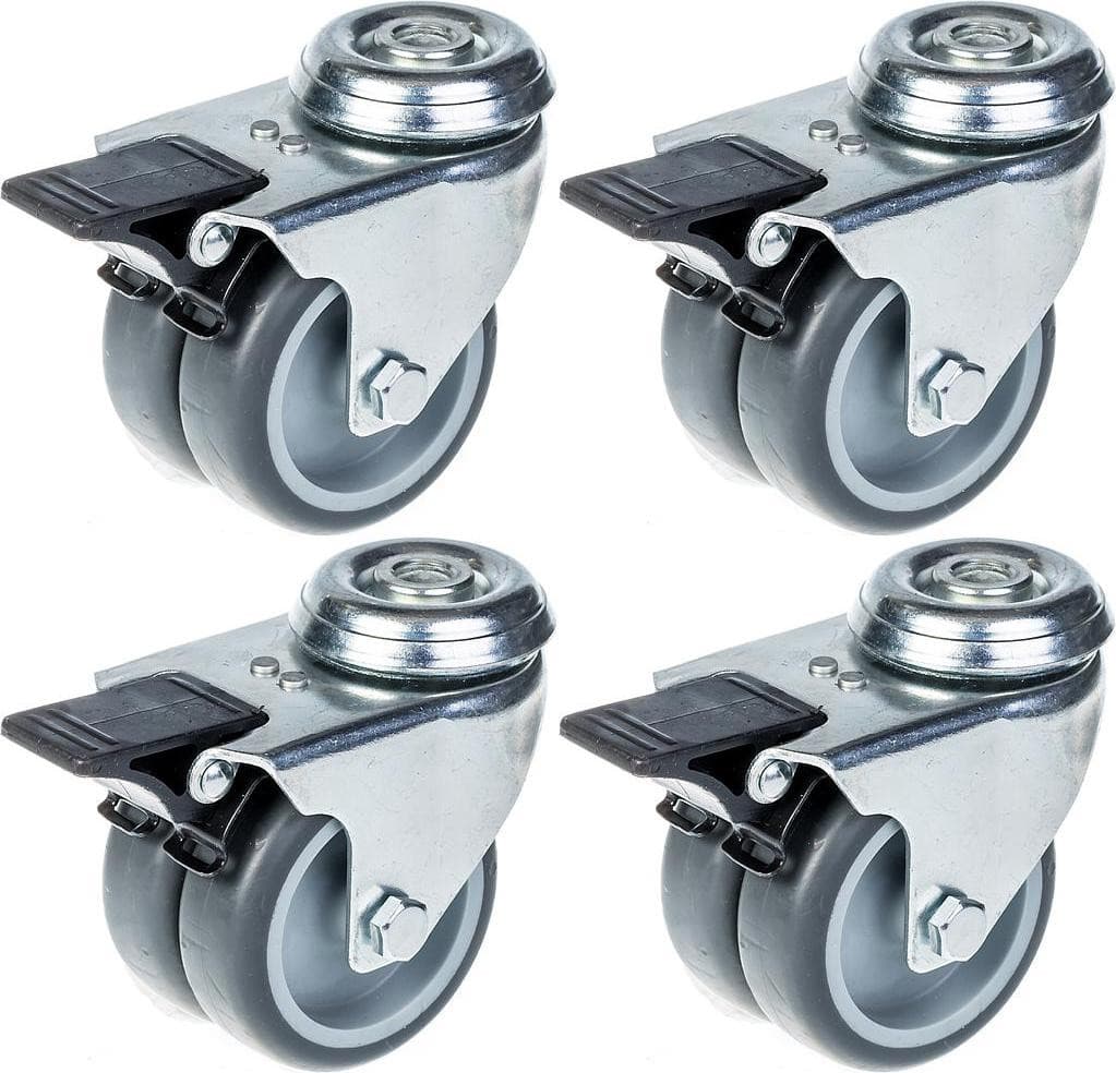 ZHONGSHAN Set van 4 grijze rubberen dubbele zwenkwielen met rem, 75 mm, draagvermogen 400 kg