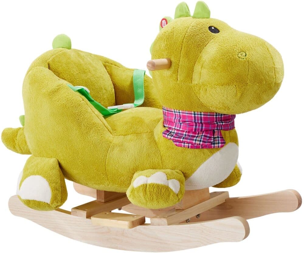 Tectake Dinosaurio balancín, funda de felpa y cinturón, desde 12 meses, verde