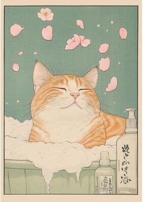 Inspired Finds Japandi Cat Bathtub Canvas Wall Art Retro Japanese Aesthetic Poster petal Steam 19.69x27.56in Unframed