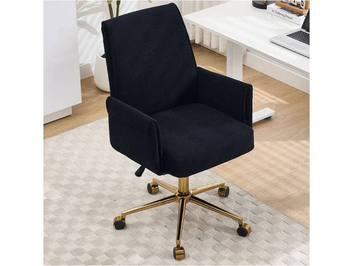 Chaise de bureau pivotante AESVAR hauteur réglable dossier mi-haut ergonomique velours côtelé noir base dorée