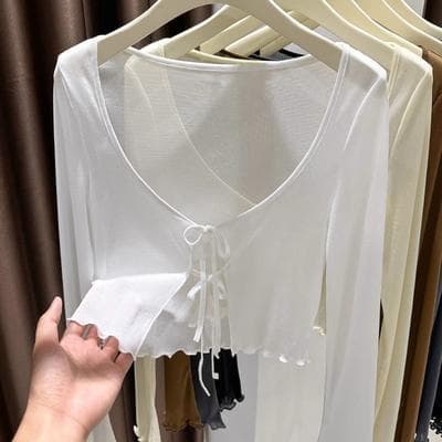 Silver Stone Store Ice Silk Summer Women Sun Protection Cardigan, Thin Long Sleeve Cover up, Solid Color Lace Up Sunscreen Outerwear Shirt white xl