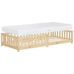 ML-Design Kinderbett 90x200 Natur mit Matratze 16cm, Bodenbett aus Kiefernholz mit Lattenrost & Rausfallschutz, Holzbett Babybett