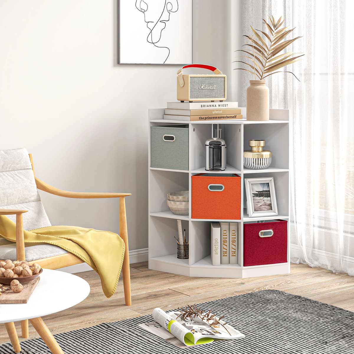 Homcom Mobile di archiviazione d'angolo mobile bambini unità di archiviazione 9 nicchie 3 cestini non tessuto MDF bianco