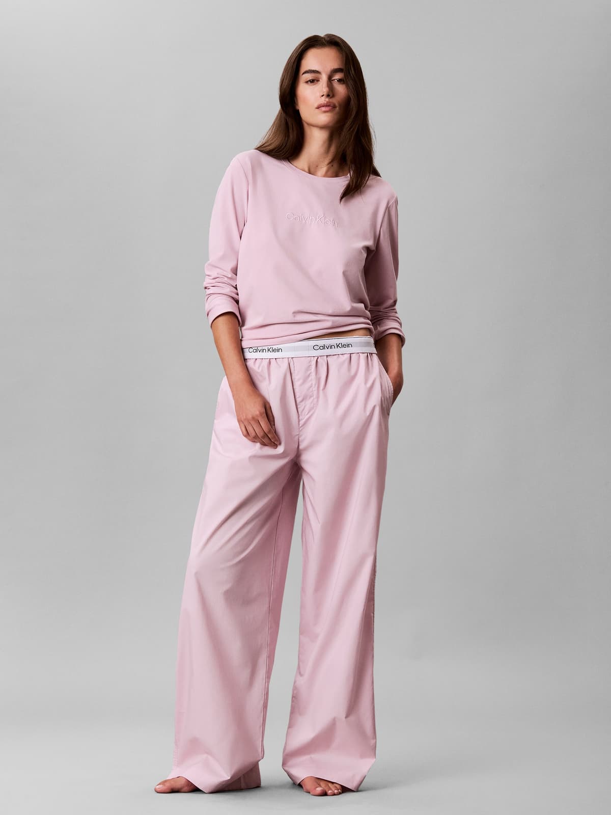 Schlafanzug "LS PANT SET", Damen, Gr. L (40), rosa (hawaii orchid), Web, Obermaterial: 100% Baumwolle, CALVIN KLEIN UNDERWEAR, normal lang, Rundhals, eingesetzt abgesteppte Kante, Homewear-Sets Schlafanzug, Normale Passform mit Rundhalsausschnitt hawaii o