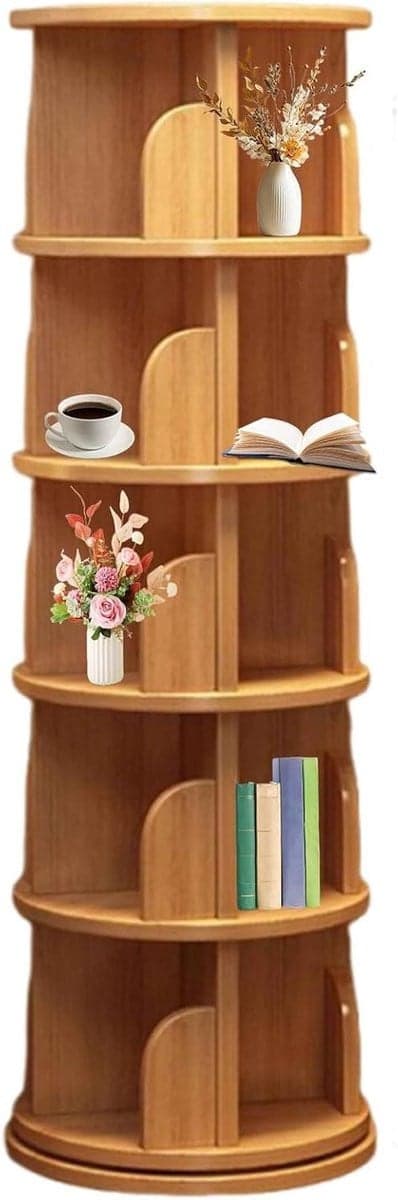Draaibaar houten boekenrek met 5 lagen en O-vormige kogellagers in natuurlijk hout