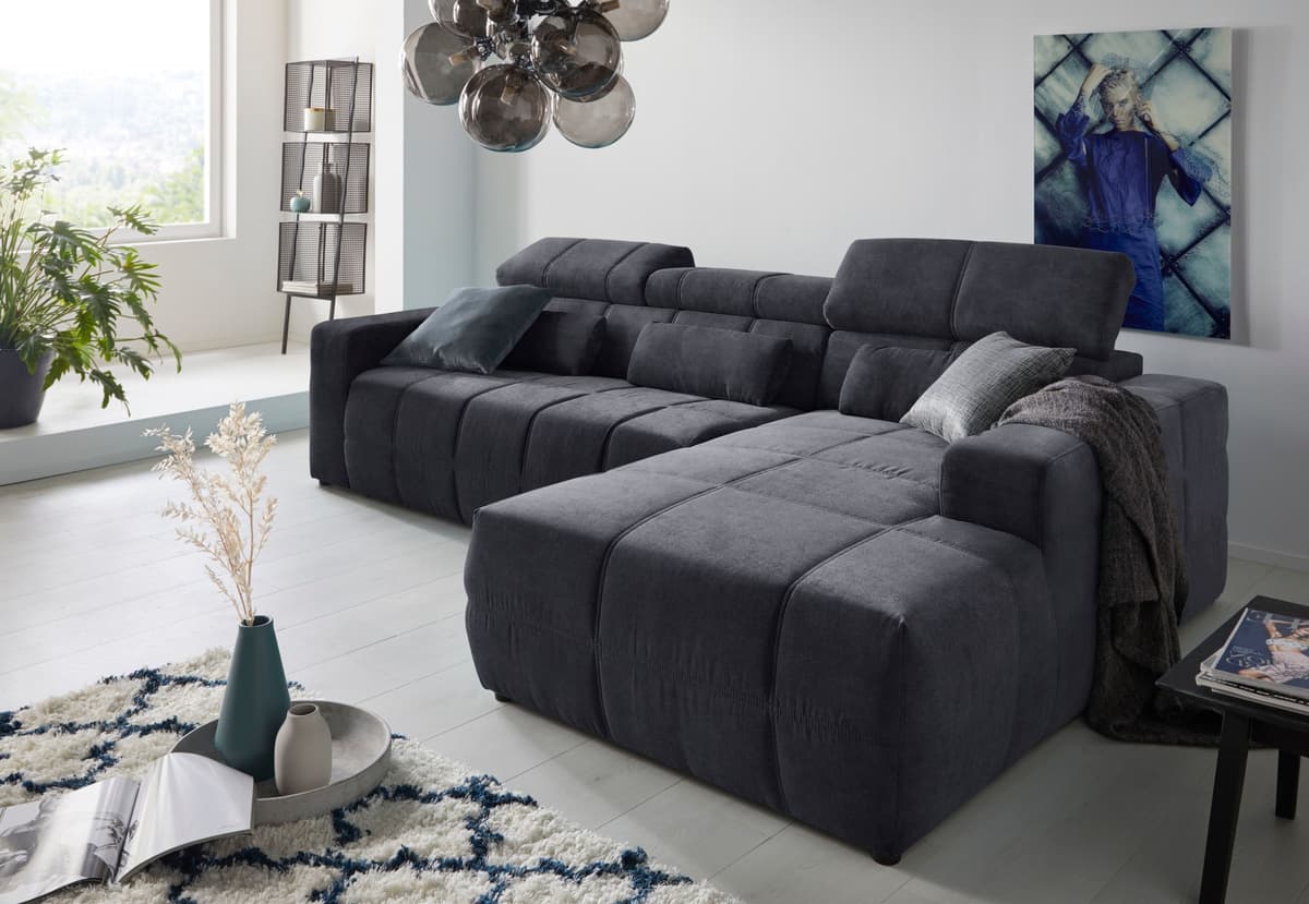Ecksofa DOMO COLLECTION "BRANDON 289x177x80 cm, whlw. mit Sitztiefenverstellung, L-Form", blau (dunkelblau), B:289cm H:80cm T:175cm, Luxus-Microfaser in Antikleder-Optik (100% Polyester);Luxus-Microfaser (100% Polyester);Kunstleder SOFTLUX, Sofas, Ecksofa