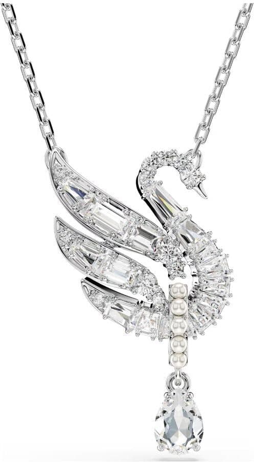 Swarovski Swan riipus, vaalea metalli, kirkkaat kristallit ja valkoiset helmet,
