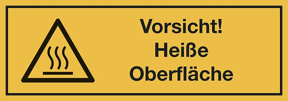 kaiserkraft Kombischilder mit Text für Warnkennzeichen, Vorsicht! Heiße Oberfläche, rechteckig, VE 10 Stk, Folie, LxH 210 x 74 mm