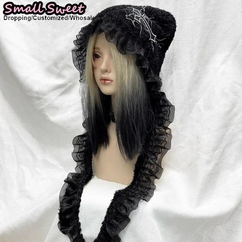 NONE Millennium Gothic Lolita cat ears Y2K Punk cross Beanie Hat Women Cap Autumn Winter falbala lace Hip-hop Pointed knit Hats