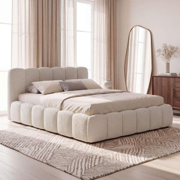 MebleMWM Łóżko Tapicerowane Z Pojemnikiem 5427g   160x200   Boucle   Ecru #33