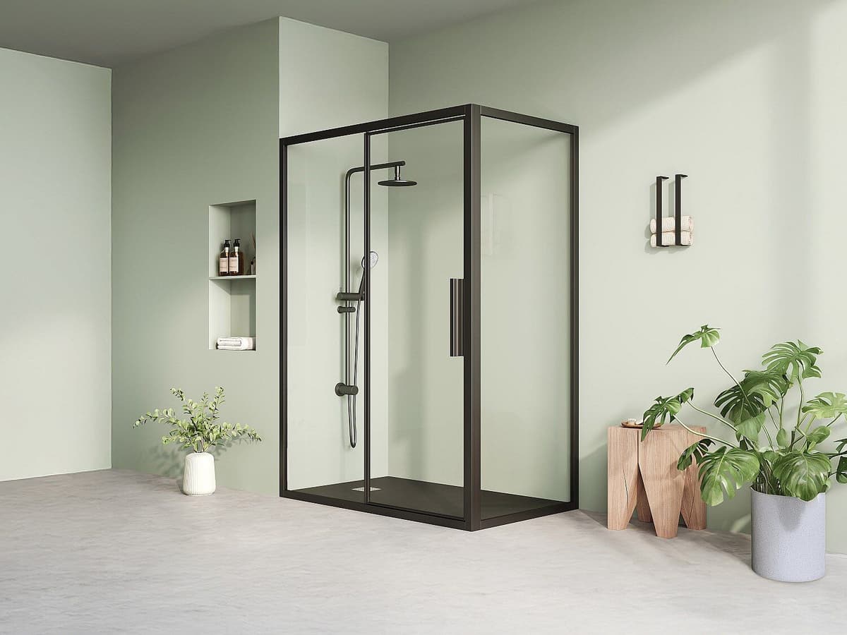 Unique Mampara de ducha con puerta pivotante negro mate estilo industrial - 140 x 80 x 195 cm - TORONI
