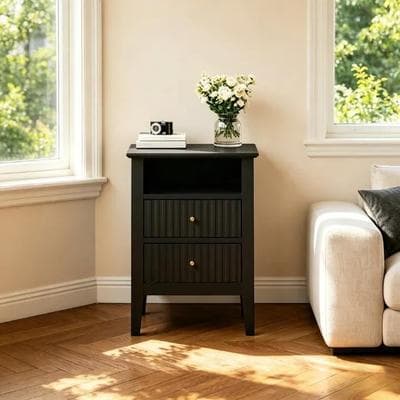 Royalcraft Fluted Nightstand with 2 Drawers and Storage Shelf, Ideal for Bedroom, Living Room, Black