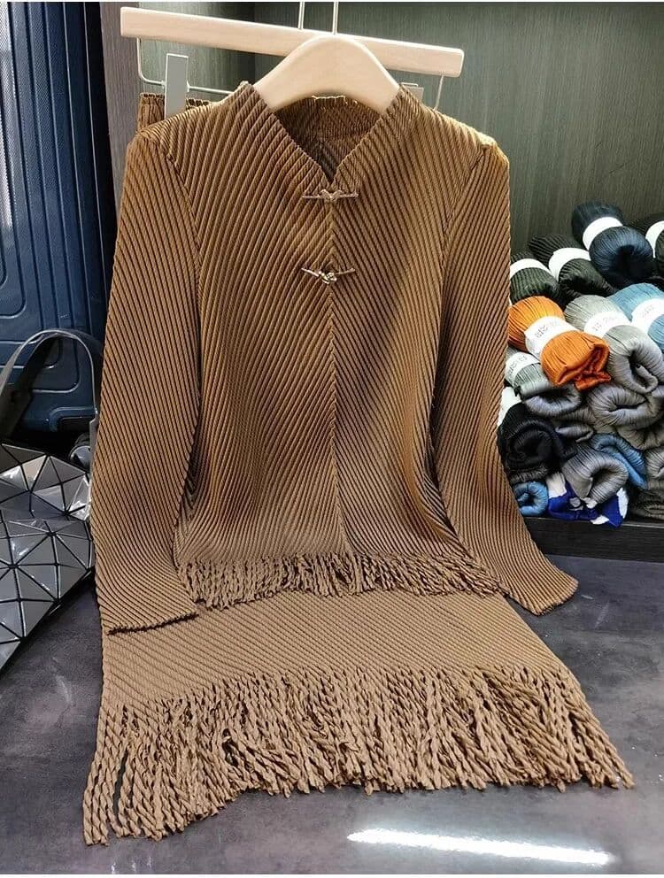 Banulin Miyake Pleated Tassel 2 Pieces Skirt Suit Women Long Sleeve Metal Butterfly Buttons High Stretch Tops + A-Line Midi Skirt Set