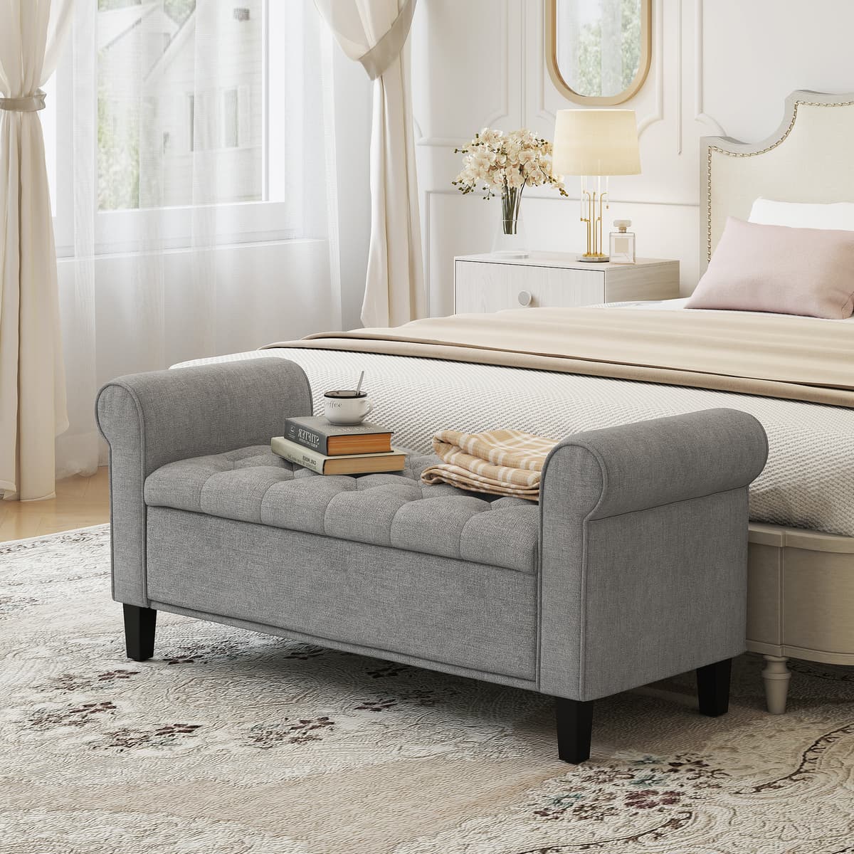 Homcom Panca Fondo Letto in Tessuto Effetto Velluto con Contenitore e Braccioli Arrotolati, Grigio Chiaro   Aosom Italy