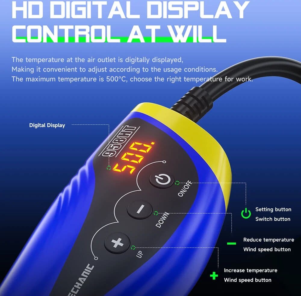 welsolo MECHANIC HT-958 Portable Digital Display Hot Air Gun for Mobile Phone Electronic Motherboard Repair Heating Chip Removal Tool