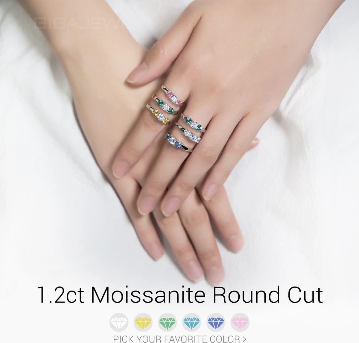 GIGAJEWE Total 1.0ct 4.5mm+2X4.0mm  Round Cut D VVS1 Moissanite 925 Silver Ring Diamond Test Passed Girlfriend Women Gift