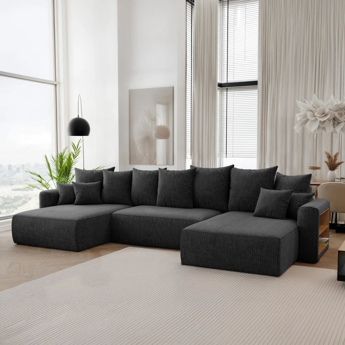 garneroarredamenti Divano letto panoramico 350x160cm velluto a coste con libreria a destra nero Mistery