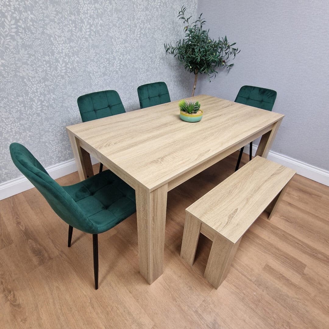 George Oliver Wooden Dining Table Set for Oak Effect Table With Velvet Chairs and 1 Bench Green 6