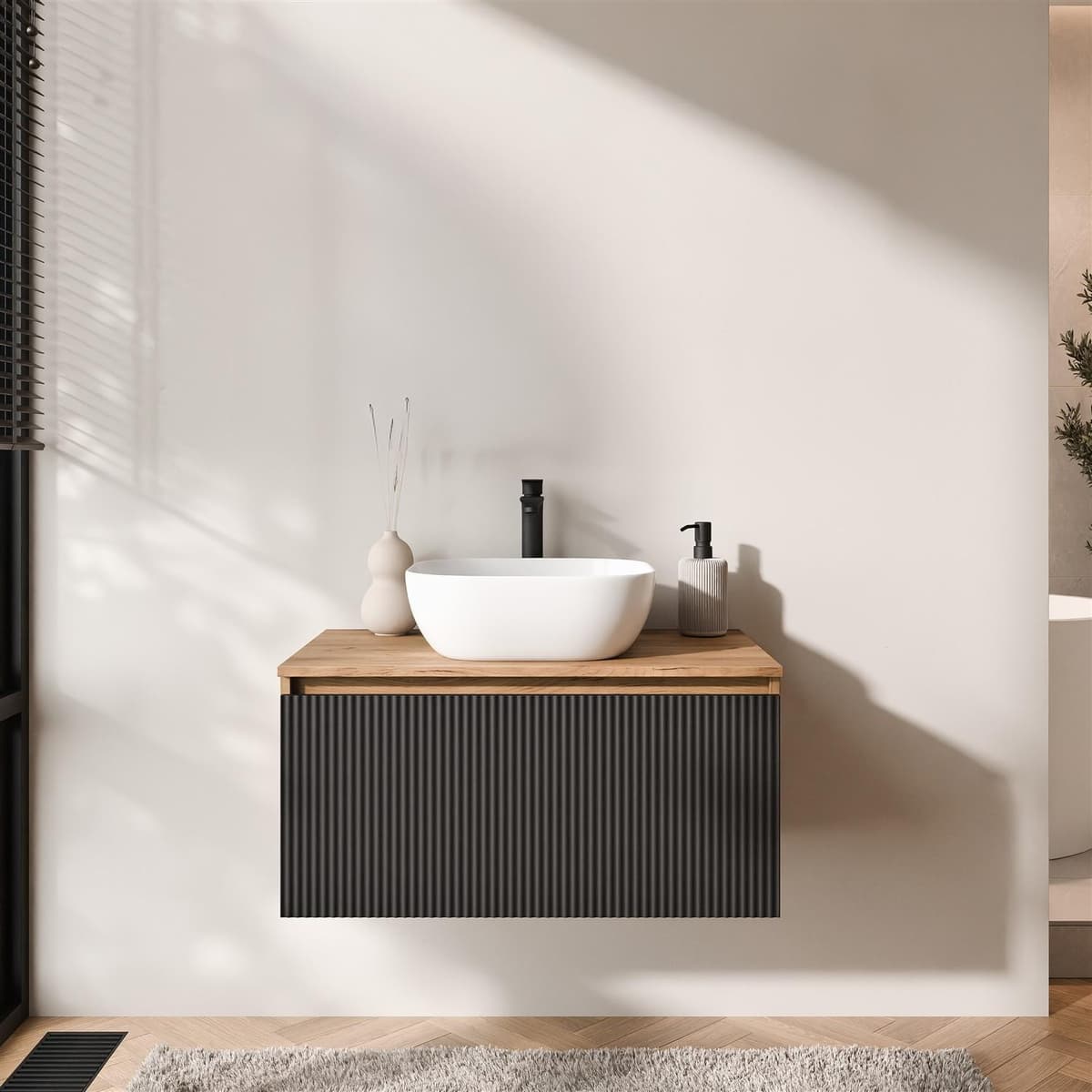 Planetmöbel ARISA Waschtisch 80 cm schwarz geriffelt mit Keramik-Aufsatzwaschbecken 42 cm in weiß