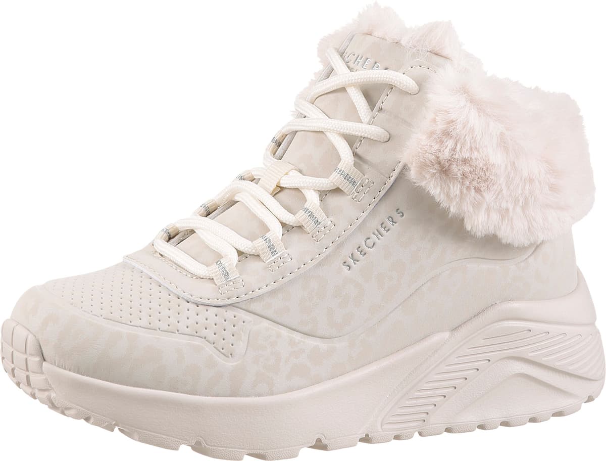 Winterboots SKECHERS "UNO LITE", Mädchen, Gr. 32, atmungsaktiv, beige (natur, leo), Lederimitat, Fellimitat, Schuhe Winterboots, Schnürboots mit Reißverschluss, Größenschablone zum Download
