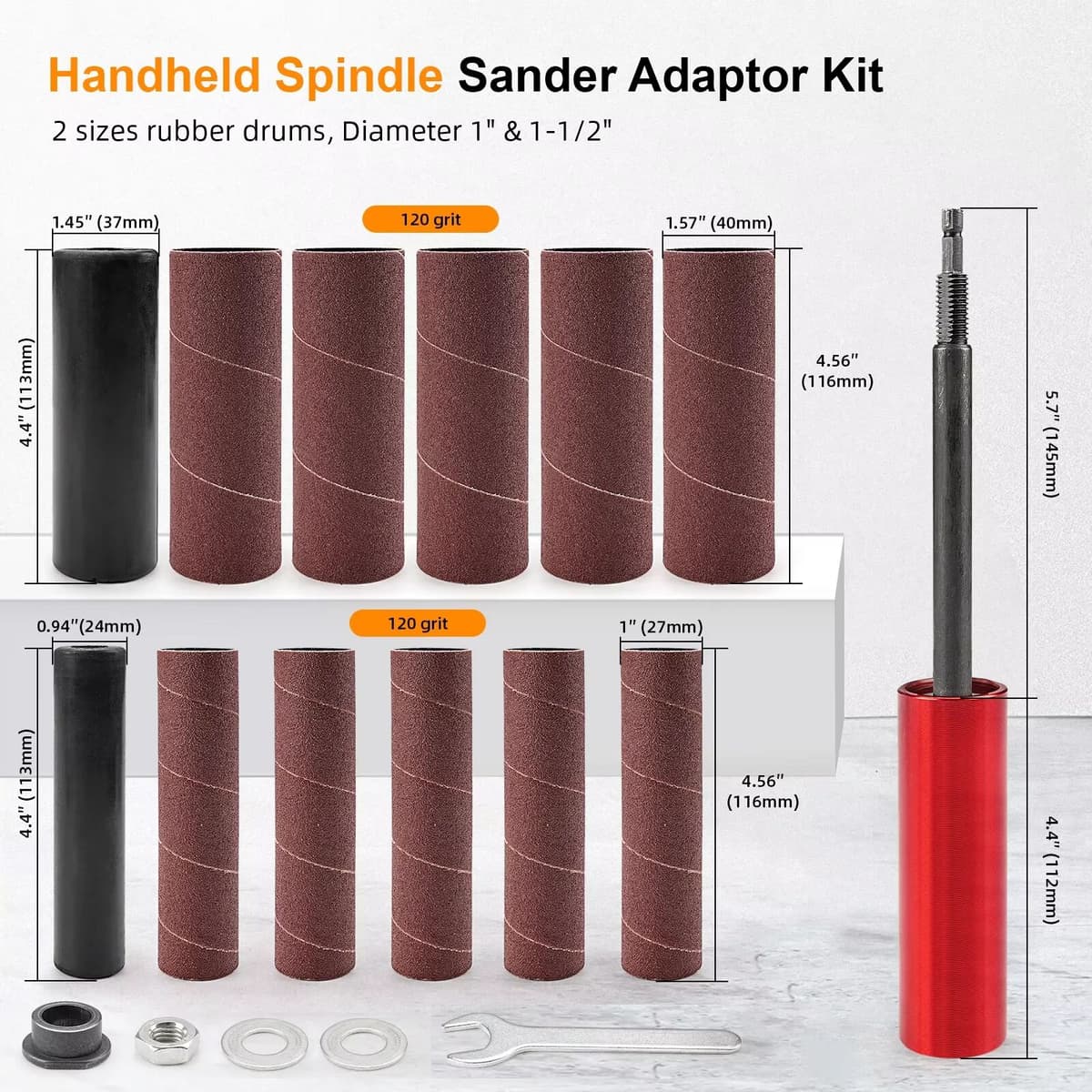 NuoDunco Sanding Drum Sander Handheld Spindle Sander Electric Drill Adapter Hex Shank Comes with Sandpaper Roll for Wood Metal Polishing