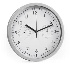 Böttcher-AG Wanduhr Kunststoff, analog, Quarzuhr, Ø 25 cm, silber, mit Thermometer & Hygrometer