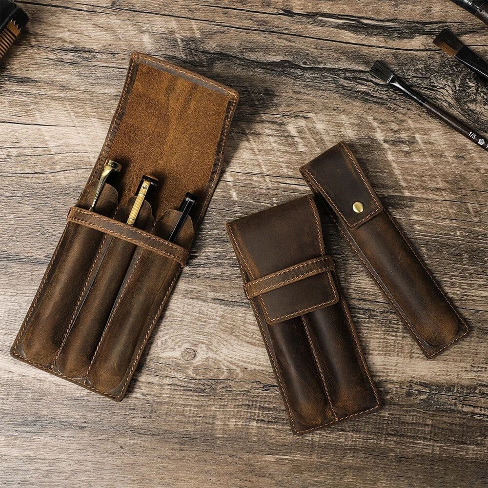 NONE Handmade Crazy Horse Leather 1/2/3 Slots Pen Case Organizer Pocket Pen Holder Case for Adult Office School Vintage Retro Style