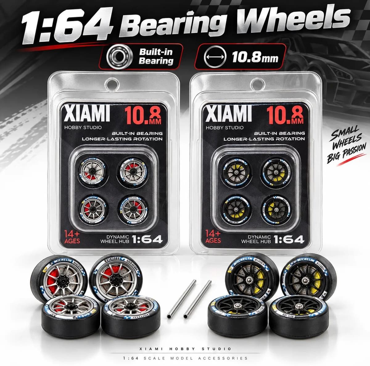 NONE X-Scale 10.8mm 1/64 Model Car Dynamic Bearing Wheels with Rubber Tires & Brake Disc Refitting Parts for 1:64 Car Upgrade