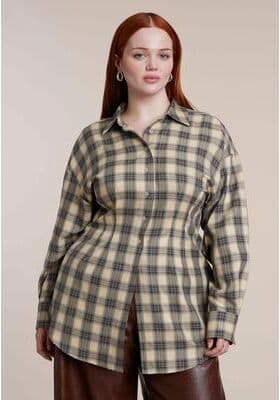 Plus Size Women's Cinched-Waist Plaid Flannel by ELOQUII in Cream Plaid (Size 22)